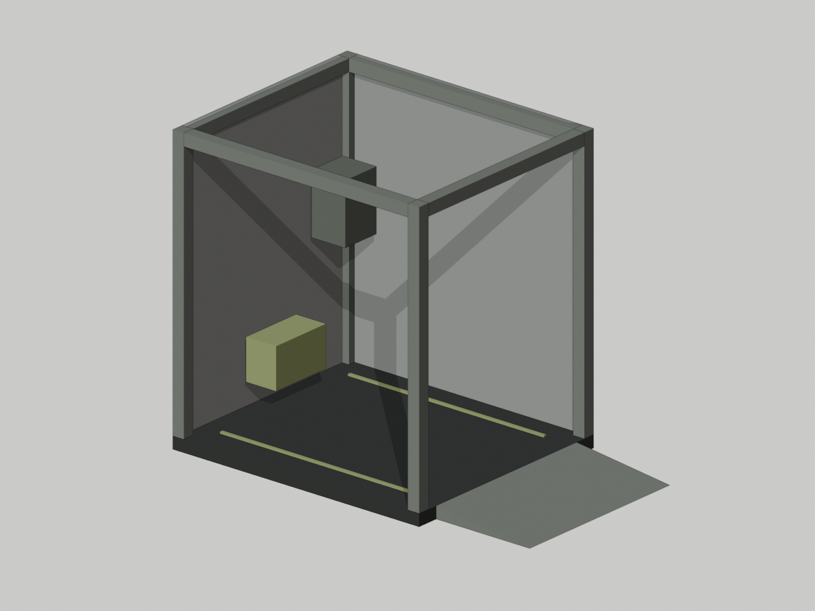 Revision A cutaway CAD concept of an AI shed with a ramp, parking bay, charging-equipment reservation, and tool storage.